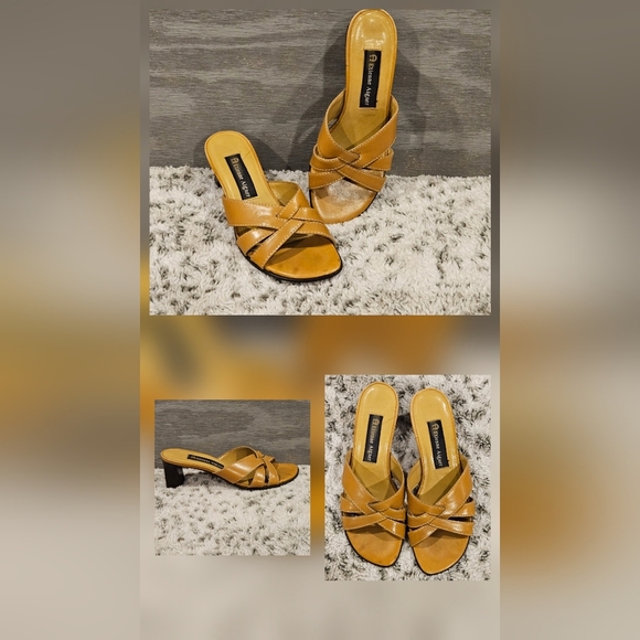Etienne Aigner SZ 5.5 Tan Leather Open Toe Slip On 2.5" Heel Sandal Shoe - Picture 1 of 12